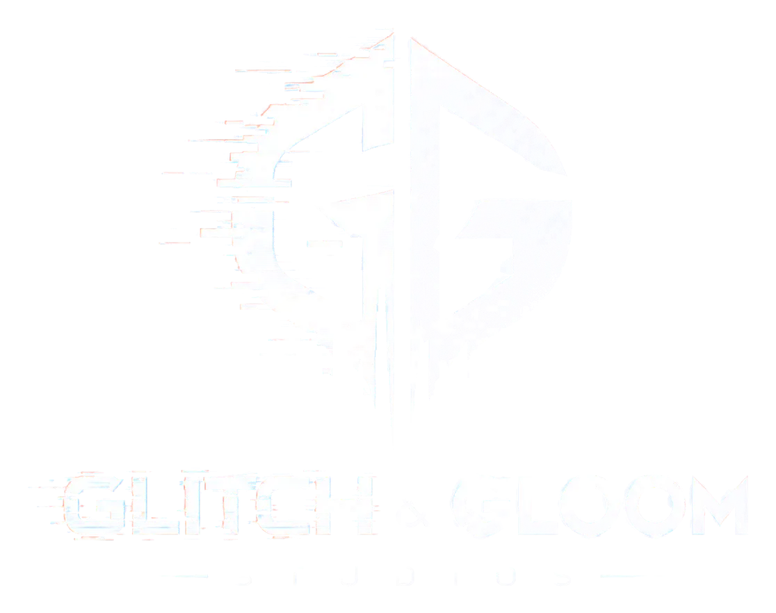 Glitch & Gloom Studios logo: a silver GG emblem, its left half torn apart by glitch streaks.